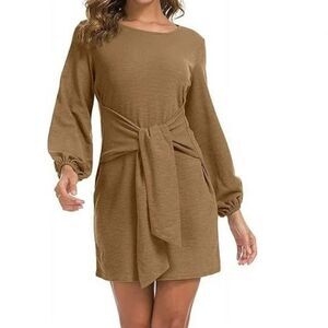 Lionstill Beige Lantern sleeve waffle sweater dress with front tie size M